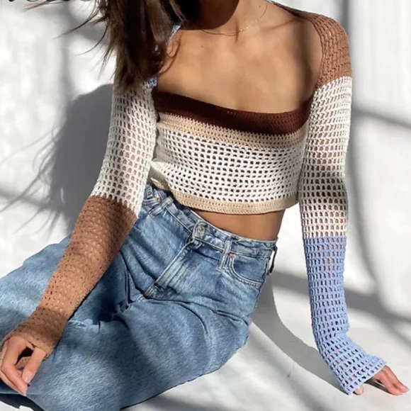 Springtime Knitted Patchwork Long Sleeve Crop Top - Picture 1 of 5